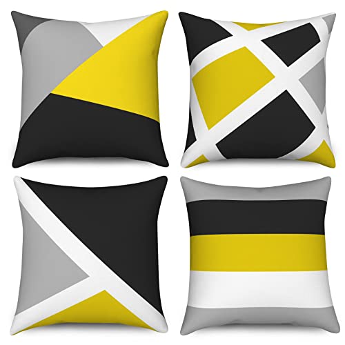Hnmdmyi Funda de Cojín Amarillo 45x45 Set de 4, Gris y Negro Rayas Abstractas Modernas Geométricas...