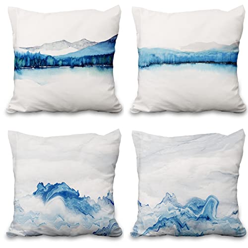 Aoihrraan 46x46cm Juego de 4 Fundas de Cojin Blanco Azul Paisaje Tradicional Chino Pintura En Tinta...
