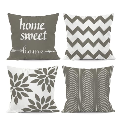 SEVENWELL Juego de 4 fundas de coj&iacute;n grises de 45 x 45 cm, fundas de almohada con patrones...