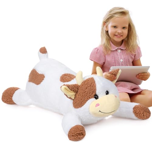 BEJOY Peluche de vaca, cojín de peluche de vaca de peluche para niños, 90 cm, color marrón