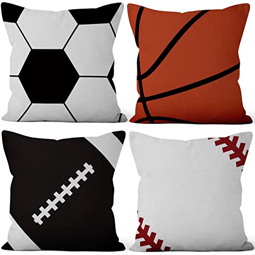 Aoihrraan 41x41cm Juego de 4 Deportes Fundas De Cojín Rústico Fútbol Béisbol Fútbol Baloncesto...
