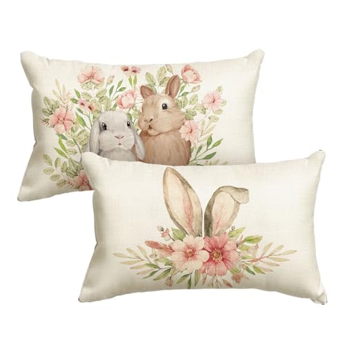 Artoid Mode Fundas de coj&iacute;n decorativas con orejas de conejo rosa, flores de conejo para Pascua,...