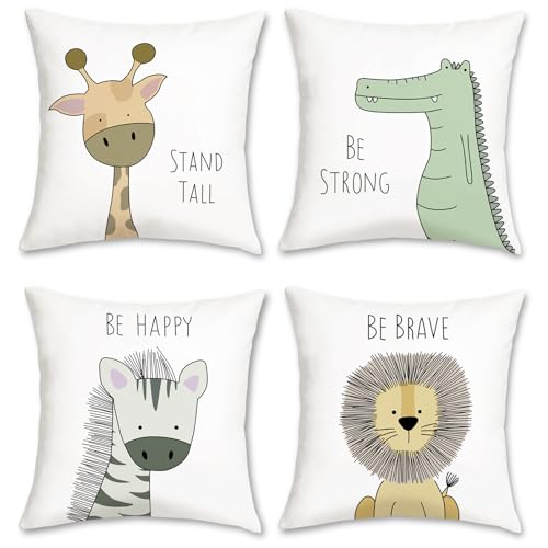 Bonhause Fundas de Cojín Animales Infantiles 45 x 45 cm Funda de Almohada Jirafa Cebra León...
