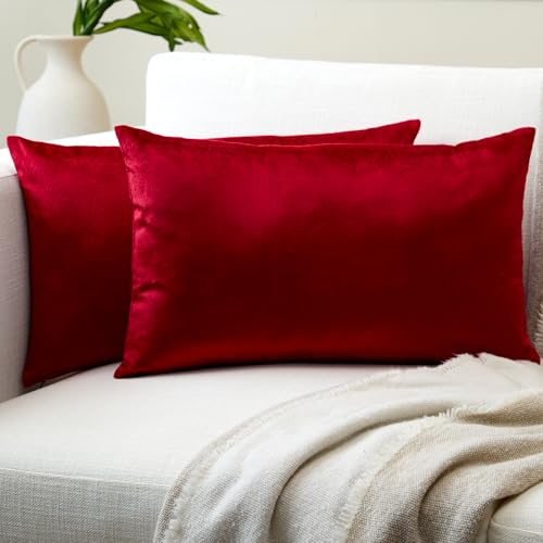 Encasa XO Juego de 2 Fundas de coj&iacute;n DE Terciopelo de (50x30 cm) - Rojo - Tinte de Color Plano...