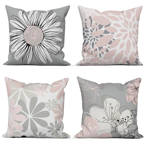 ASDCXZ Funda de coj&iacute;n de rosas 45x45 cm Set de 4, Moderno Rosa Gris Flores Estampado Cojines...
