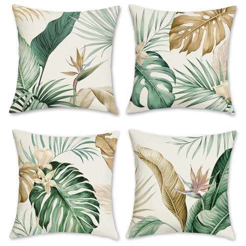 Bonhause Fundas Cojines Hojas Tropicales 45 x 45 cm Funda de Almohada Hoja Marr&oacute;n Verde Poli&eacute;ster...