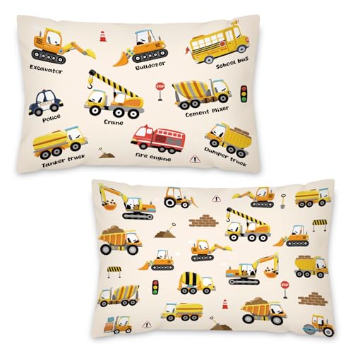 NymphFable Juego de 2 Fundas de Coj&iacute;n Ni&ntilde;os Veh&iacute;culos de Construcci&oacute;n 45 x 33 cm, Excavadora...