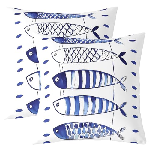 Loussiesd Fundas de coj&iacute;n con dise&ntilde;o de peces oce&aacute;nicos, azul y blanco, 40 x 40 cm, para ni&ntilde;os,...
