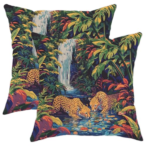 Juego de 2 fundas de almohada de leopardo tropical, fundas de almohada decorativas de selva verde...