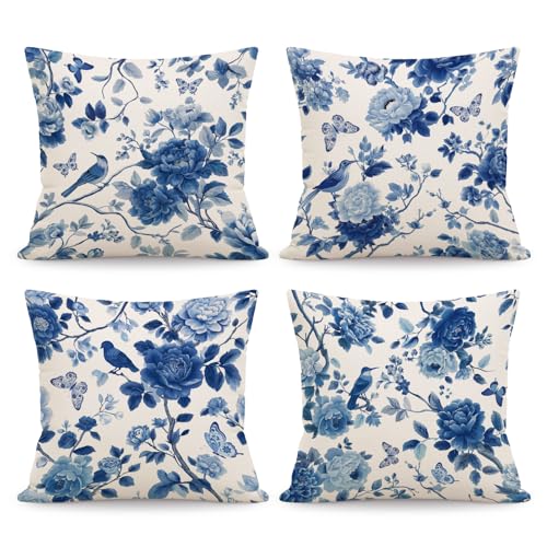 NymphFable Juego de 4 Fundas de Coj&iacute;n Chinoiserie Azul Blanco 45 x 45 cm, Tinta P&aacute;jaros Flores...
