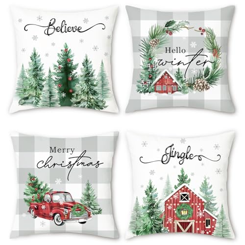 Bonhause Fundas Cojines Navidad 45 x 45 cm Funda de Almohada Pinos Copos Rojo Casas Cami&oacute;n Gris...