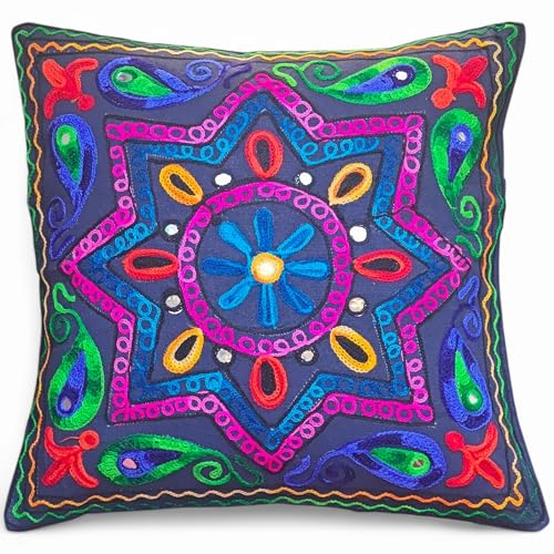 Original Kikan Funda de coj&iacute;n boho Indian Star Suzani 40 x 40 cm, bordado multicolor Suzani, 40,6 x...