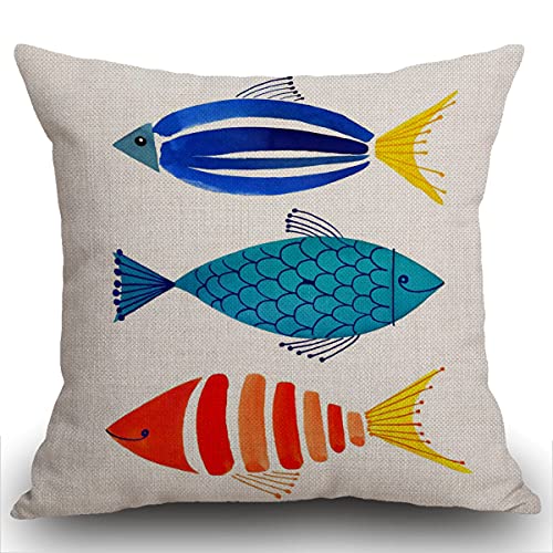 Smooffly Funda de coj&iacute;n cuadrada de lino y algod&oacute;n con estampado de peces de acuarela para cama,...