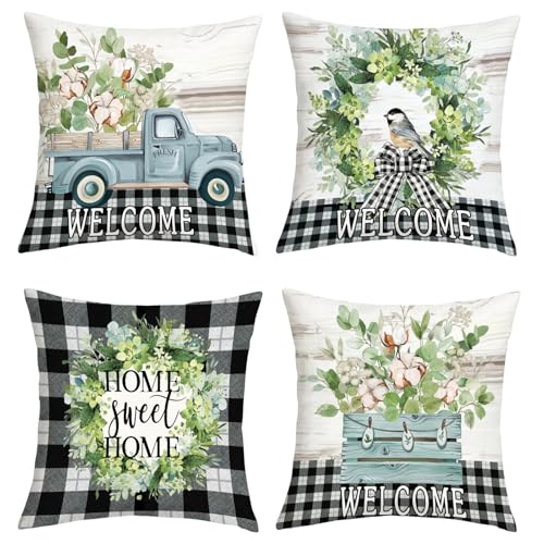 Joymasion Fundas Cojines 45x45 Juego de 4 Modernas Funda de Almohada Primavera Verano Hojas Verde...