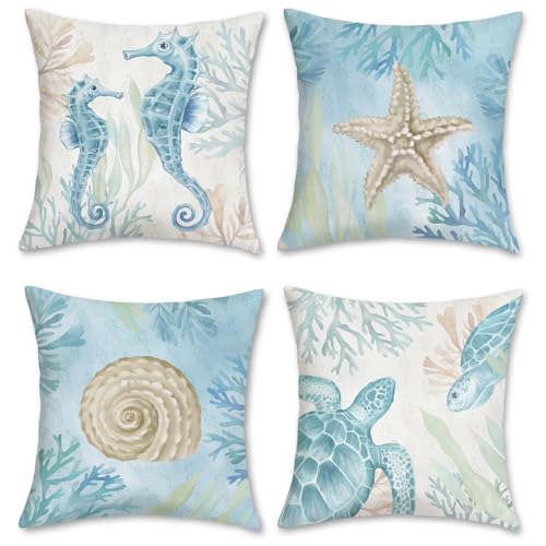 Bonhause Fundas de Coj&iacute;n Oc&eacute;ano Playa 45 x 45 cm Funda de Almohada Caballito de Mar Tortuga...