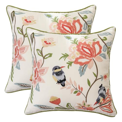 Tosleo Juego de 2 fundas de coj&iacute;n con flores de primavera 45 x 45 cm, flores de jard&iacute;n, p&aacute;jaros,...