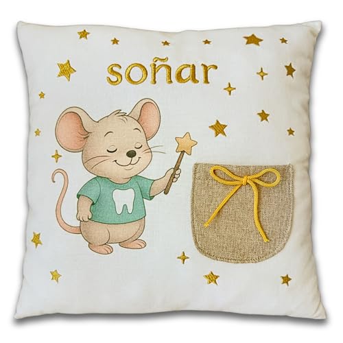 Perez&Fairy Cojin Infantil con Relleno Ratoncito Perez con Bolsillo para Dientes (30x30 cm) Almohada...