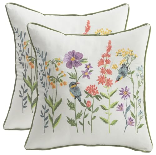 Tosleo Juego de 2 Fundas de Coj&iacute;n Decorativas con Bordado de Flores y P&aacute;jaros 40 x 40 cm Fundas de...