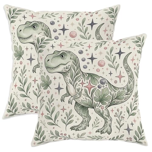 Juego de 2 fundas de coj&iacute;n de dinosaurio, con dise&ntilde;o de hojas, estrellas, color verde, suaves, de...