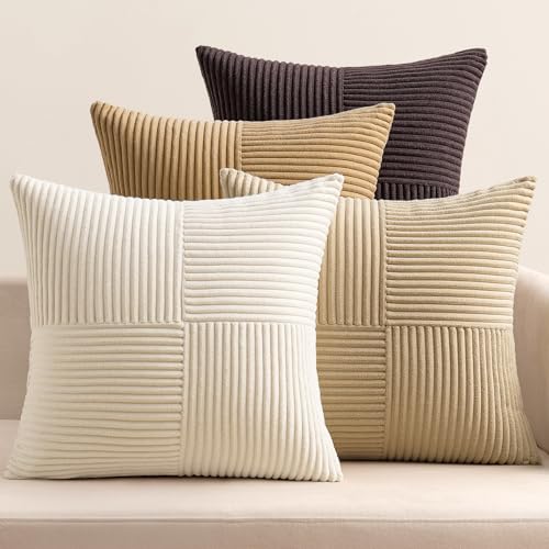 EMEMA Juego de 4 fundas de cojín de pana con diseño de patchwork, 40 x 40 cm, fundas de cojín...