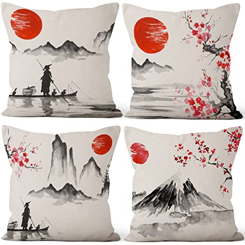 Aoihrraan 41x41cm Juego de 4 Japonés Fundas de Cojin Rojo Sol En Blanco Y Negro Paisaje Monte Fuji...