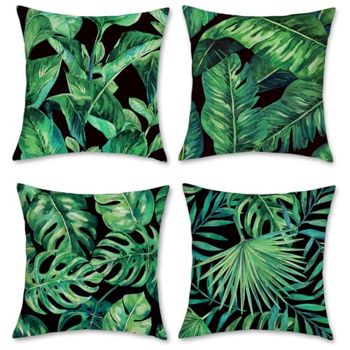 Bonhause Juego de 4 Funda de Coj&iacute;n Hojas Tropicales 45x45cm Plantas Verde Poli&eacute;ster Lino Fundas de...