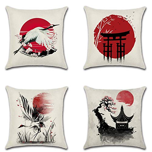 Artscope Juego de 4 fundas de coj&iacute;n de estilo japon&eacute;s, dise&ntilde;o de sol rojo con pintura de tinta,...