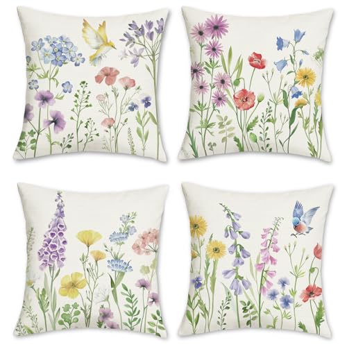 Bonhause Fundas Cojines Flores Primavera 45 x 45 cm Funda de Almohada Flor de Jard&iacute;n P&aacute;jaros...