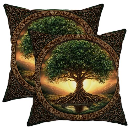 Juego de 2 fundas de almohada celta del árbol de la vida, color negro y verde, funda de cojín...