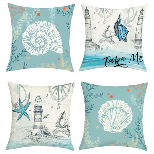 Joymasion Fundas Cojines 45x45 Juego de 4 Modernas Funda de Almohada Oc&eacute;ano N&aacute;utica Anclas Faros...