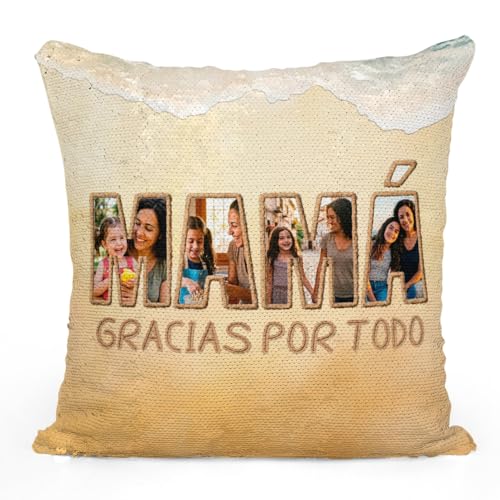 Coj&iacute;n de Lentejuelas Personalizado para Madre con Foto y Texto, Relleno Incluido, 40x40 cm, Regalo...