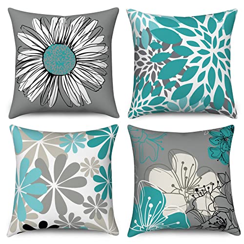 Hnmdmyi Funda de Coj&iacute;n Turquesa 45x45 Juego de 4, Turquesa y Gris Floral Fundas de coj&iacute;n...