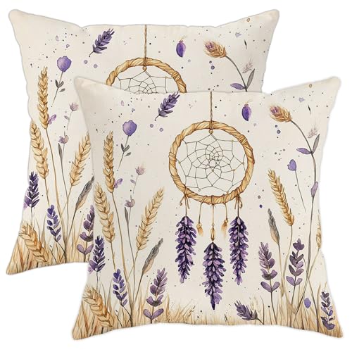 Juego de 2 fundas de coj&iacute;n con dise&ntilde;o de atrapasue&ntilde;os de lavanda y flores violetas bot&aacute;nicas,...