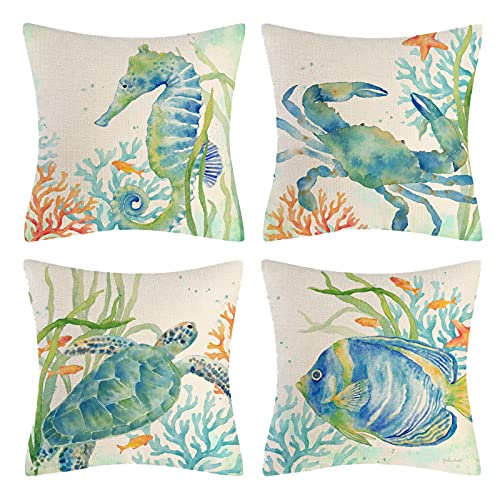 Vgzsyomqib Mar Colores Funda Coj&iacute;n 50x50 Cuadrado Dibujos Playa Verano Funda Almohada Lino 4...