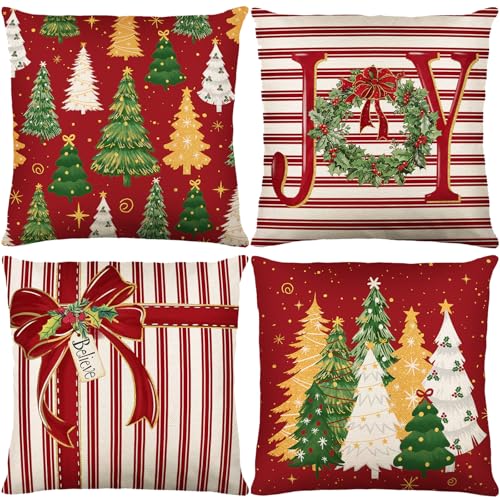 Simpeak Funda de Cojines Navide&ntilde;o, Juego de 4 Fundas de Cojin Rojo, Funda Almohada Lino para Sof&aacute;...