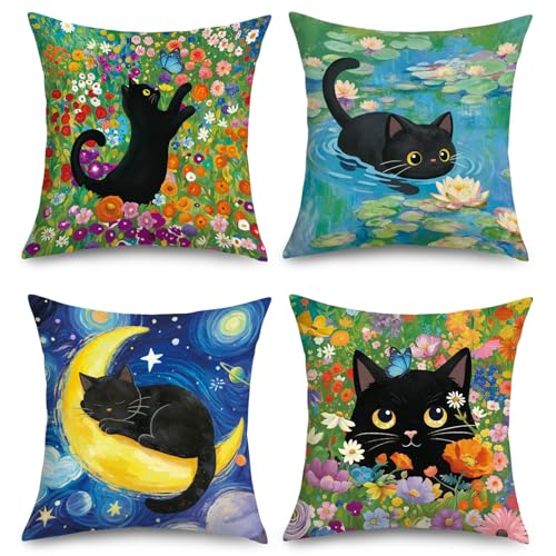 Joymaison Fundas Cojines 45x45 Juego de 4 Funda de Almohada Gato Negro Flor Primavera Cojines Fundas...
