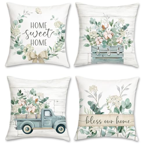 Bonhause Fundas Cojines Hojas de Eucalipto 45 x 45 cm Funda de Almohada Primavera Cami&oacute;n Azul...