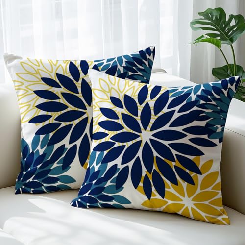 JANGYUHH Juego de 2 Fundas de Cojín de 50x50 cm Diseño Floral Moderno de Doble Cara Azul Amarillo...