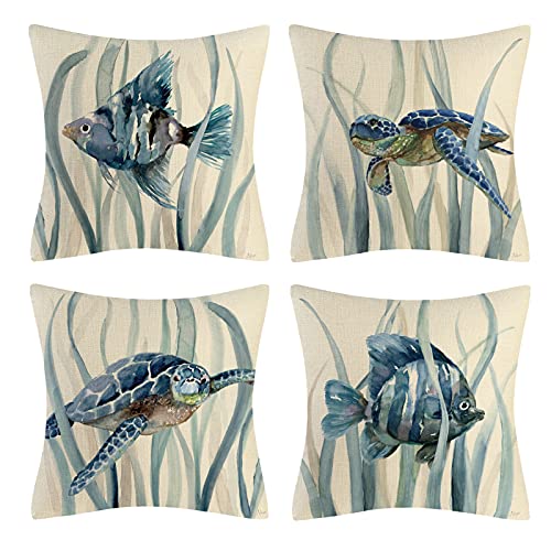 Vgzsyomqib Mar Azul Beige Funda Coj&iacute;n Peque&ntilde;o 40x40 Cuadrado Dibujos Playa Verano Funda Almohada...