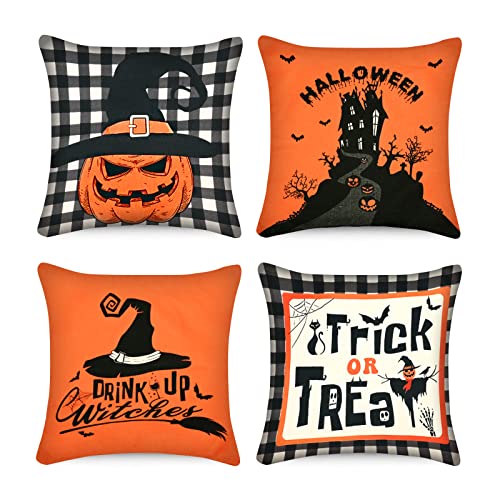 4 Piezas Fundas de Almohada de Halloween 18x18 Pulgadas Halloween Funda de coj&iacute;n de Lino del...