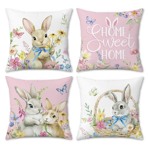 Bonhause Fundas Cojines Conejo Primavera 45 x 45 cm Funda de Almohada Rosa Liebre Flor Terciopelo...