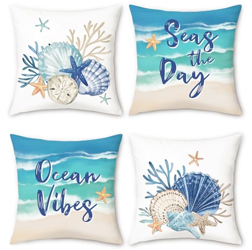 Bonhause Fundas Cojines Verano Costero 45 x 45 cm Funda de Almohada Concha Coral Estrella de mar...