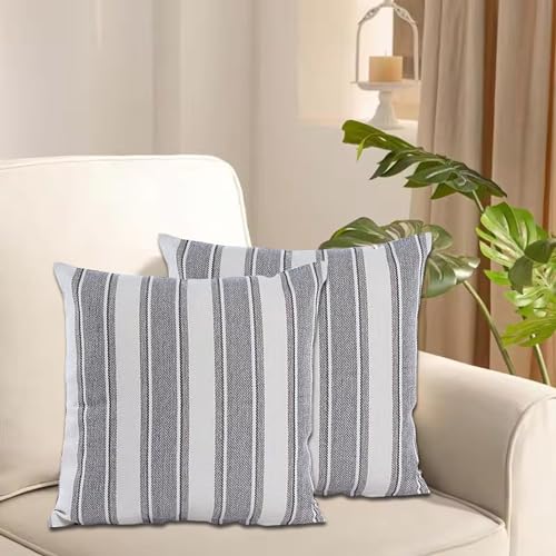XIEJINJIA Juego de 2 fundas de cojín de lino a rayas decorativas decorativas de casa de campo para...