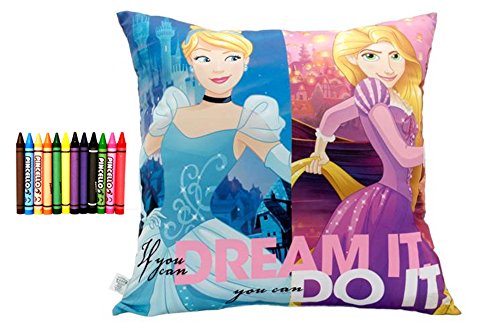 Cojin Cuadrado de Algodon (40 x 40 cms) diseño Princesas (Disney) + Regalo de 12 Ceras de Colores...