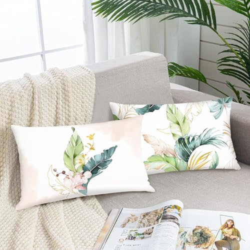 Bonhause Fundas Cojines Hojas Tropicales 30 x 50 cm Funda de Almohada Hoja Verde y Rosa Cojines...