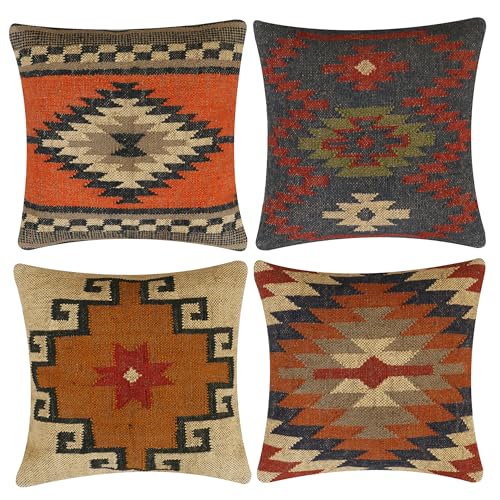 INDACORIFY, Juego de 4 Uds. De Funda de coj&iacute;n Kilim de Yute de Lana, Funda de Almohada turca Tejida...