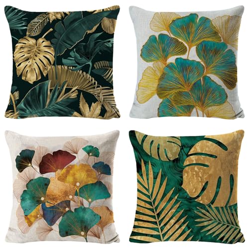 HIQE-FL Juego de 4 Fundas de Cojín de 45 x 45 cm,Cojines Impermeables Exterior,Hojas de Palmeras...