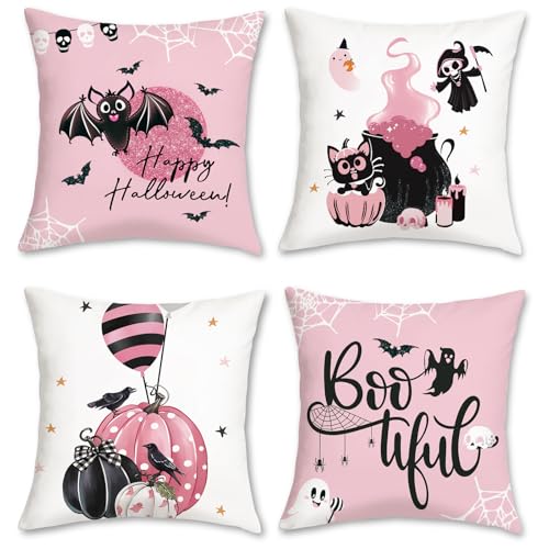 COZZSNUGE Fundas Cojines Halloween Fundas de Almohada Gato Negro Calabaza B&aacute;cico Abuchear Rosa...