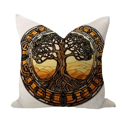 WSDESDEC Funda de coj&iacute;n r&uacute;stica con dise&ntilde;o de &aacute;rbol de la vida, dise&ntilde;o de &aacute;rbol de la vida,...