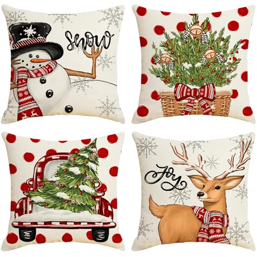 VEEKAY Fundas de Almohadas Navideñas,4 Piezas Navidad Fundas Cojines50x50,Algodón Lino Throw...